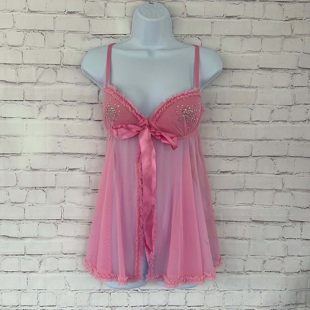 Sexy Little Things pink babydoll rhinestone lingerie top SZ 36C